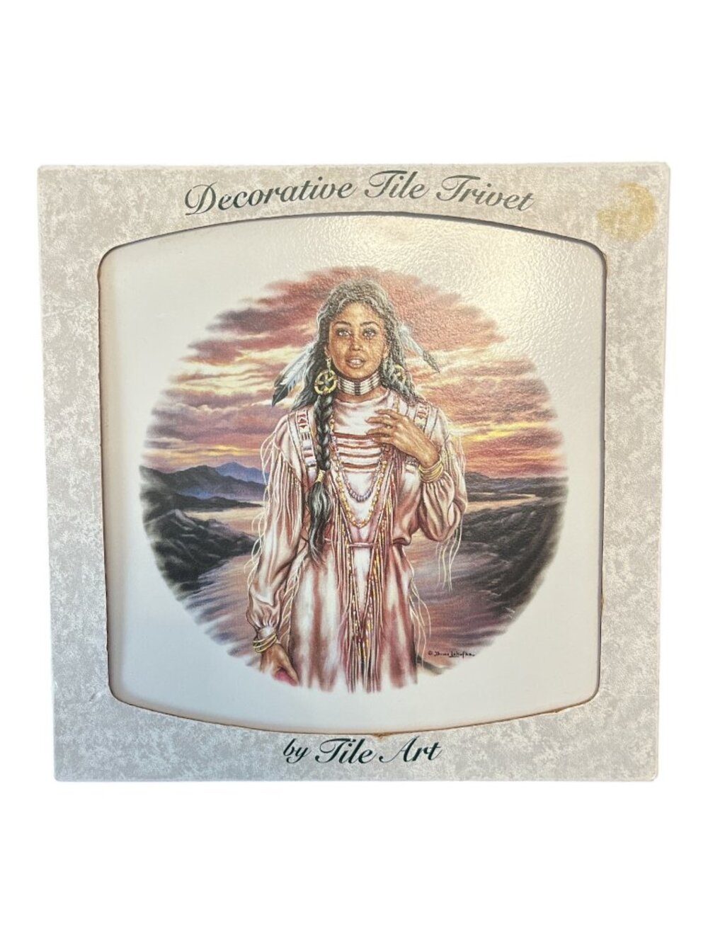 Vintage Decorative Tile Trivet Native American Portrait Sunset Scene 8 Inch USA